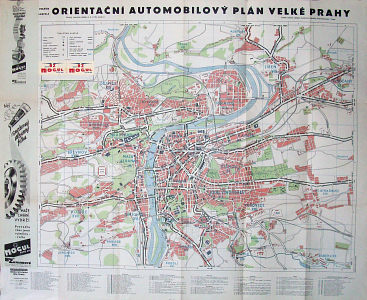 1930s Prague map distributed by BZ-Benzin