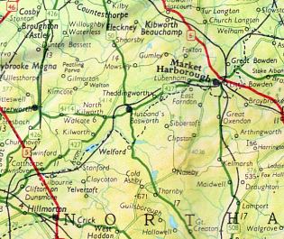 Extract from 1956 Shell Midlands map around Husbands Bosworth